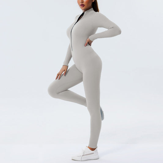 Isela Seamless Jumpsuit Damen – Langarm-Overall mit Reißverschluss, Ansicht 2 – Farbe „Silver“