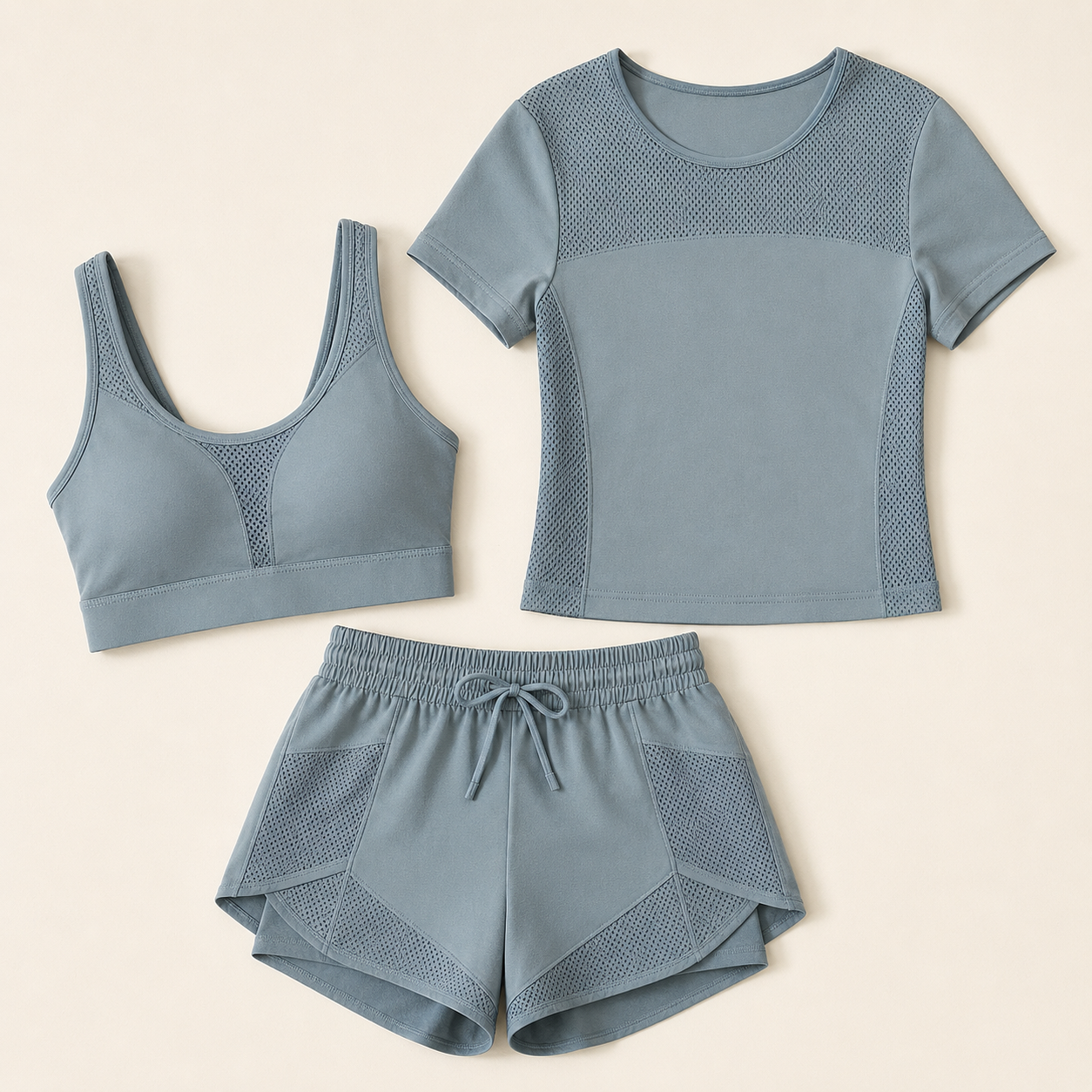 Isela dreiteiliges Fitness-Set Damen – Sport-BH, Funktionsshirt und Shorts