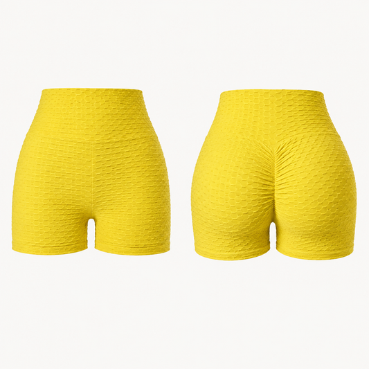 Isela Scrunch Fitness Shorts Damen Gelb – Vorder- und Rückansicht