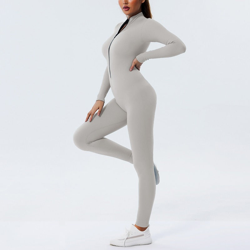 Isela Seamless Jumpsuit Damen – Langarm-Overall mit Reißverschluss, Ansicht 2 – Farbe „Silver“