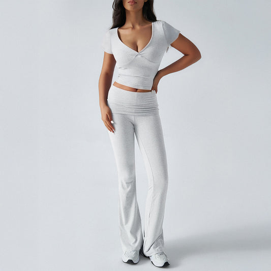 Damen Kurzarm T-Shirt & Yoga Pants Set – Produktbild 2 – Farbe „White Flower Gray“