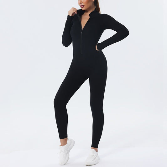Isela Seamless Jumpsuit Damen – Langarm-Overall mit Reißverschluss, Ansicht 1 – Farbe „Black“
