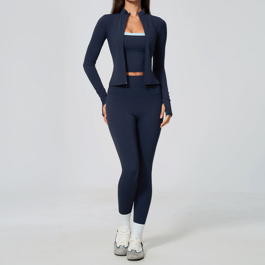 Damen 3-teiliges Yoga Workout Set – Open Front Sport-Jacke, Top & Leggings – Produktbild 2 – Farbe „Deep Well Blue“