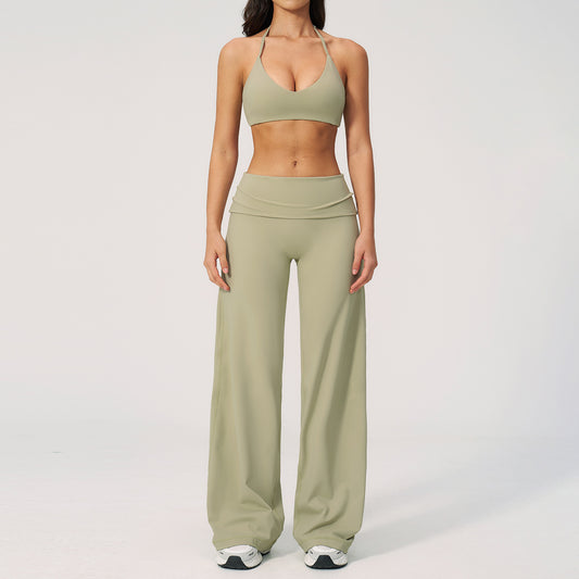 Damen Seamless-Back Yoga Set – Sport-BH & Wide-Leg Hose – Produktbild 1 – Farbe „Green“