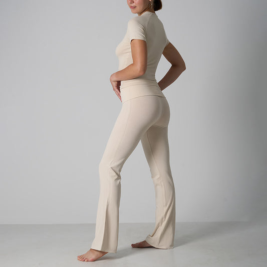 Damen Cotton Jersey Yoga Set – Kurzarm Top & Flare Pants – Produktbild 2 – Farbe „Off-white“