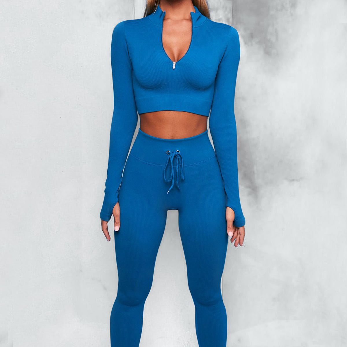 Damen Ribbed Zip Yoga Set – Blau – Vollansicht