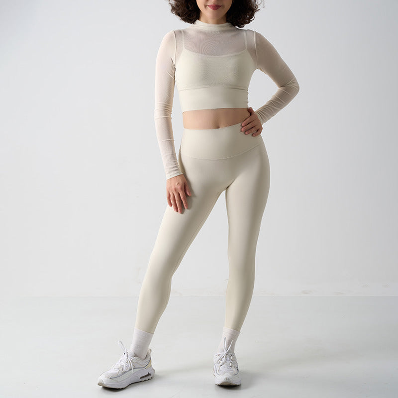 Damen Mesh Yoga Set – High-Waist Leggings & Mesh-Details – Produktbild 1 – Farbe „Off-white“