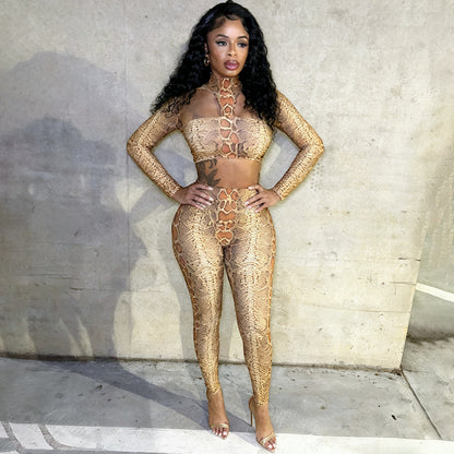 ISELA Snake Print Set Damen – Vorderansicht mit Stehkragen und Mesh-Passe