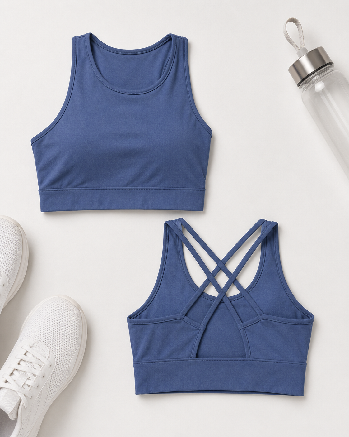Isela Fitness Crop Top Damen in Blau – Front- und Rückseite als Flatlay