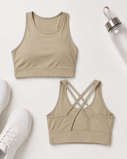 Isela Fitness Crop Top Damen in Khaki – Front- und Rückseite