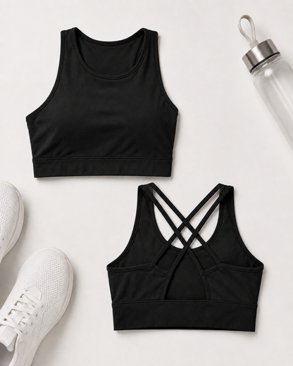 Isela Fitness Crop Top Damen in Schwarz – Front- und Rückseite
