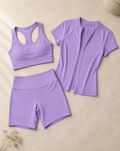 Isela 3-teiliges Fitness-Set Damen in Lila – Flatlay mit drei Teilen