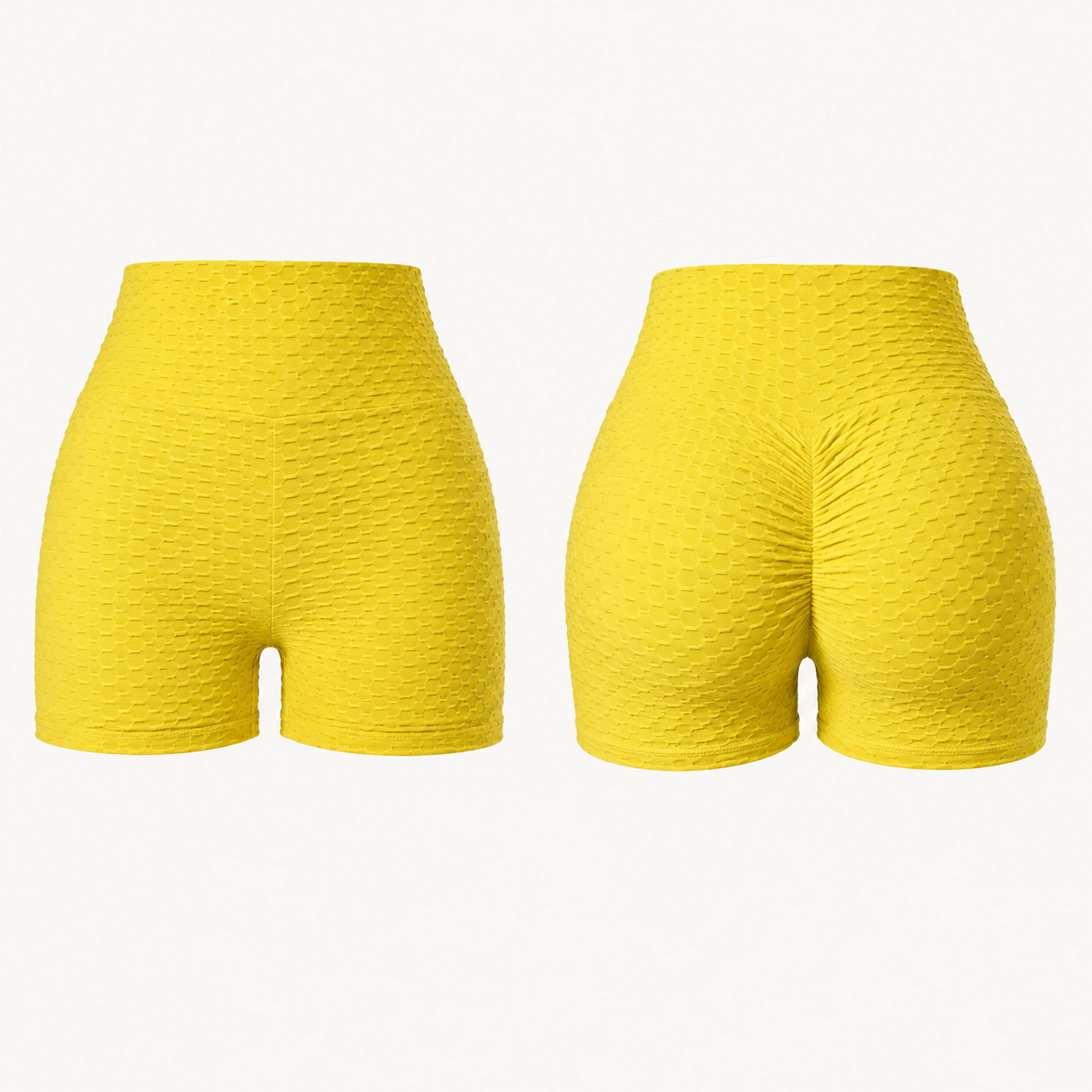 Isela Scrunch Fitness Shorts Damen Gelb – Vorder- und Rückansicht