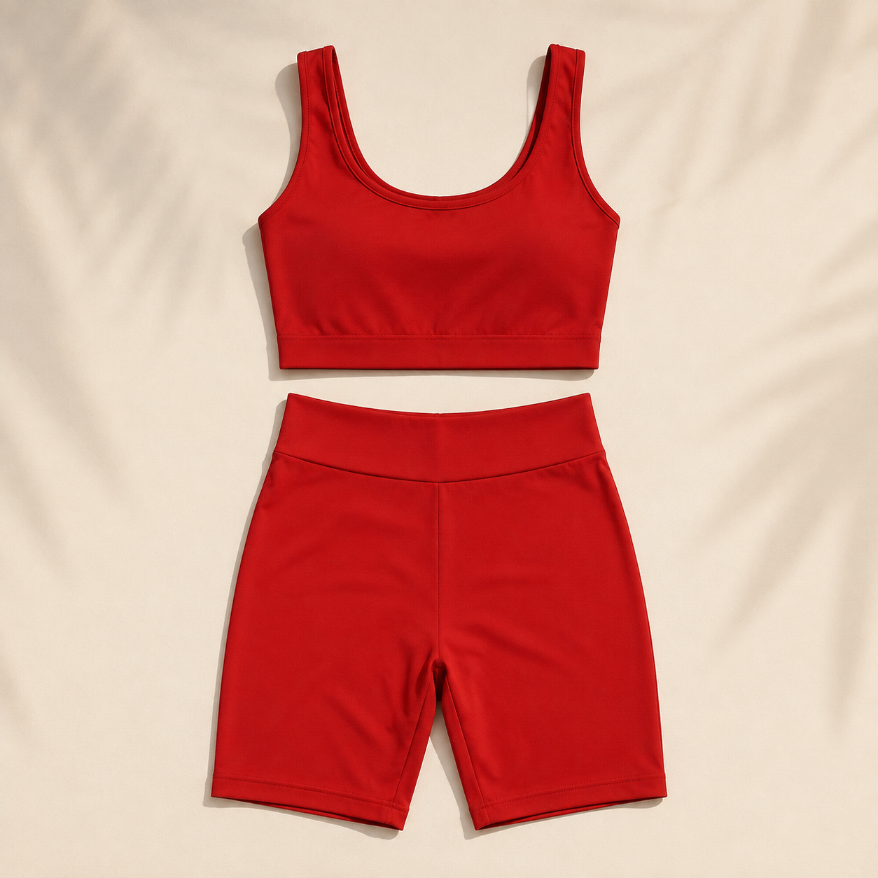 Isela zweiteiliges Sport-Set Damen Rot – Crop-Top und Biker-Shorts Flatlay